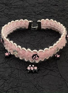 秋冬毛绒新款甜酷可爱粉色小猫咪choker项链甜妹百搭氛围感颈链