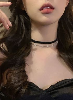双层黑色丝绒水钻轻奢项链高级小众简约百搭choker项圈锁骨链颈链