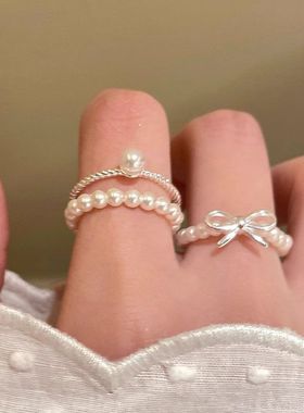 蝴蝶结珍珠串珠戒指女ins小众设计装饰食指戒轻奢高级感叠戴指环
