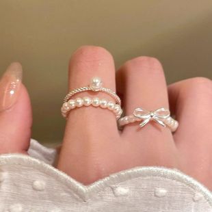 蝴蝶结珍珠串珠戒指女ins小众设计装饰食指戒轻奢高级感叠戴指环