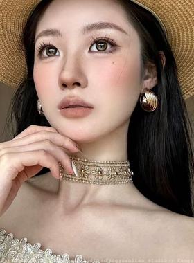 双边金线 镂空花朵钉珠choker项圈女布艺废土风锁骨链配饰2025潮