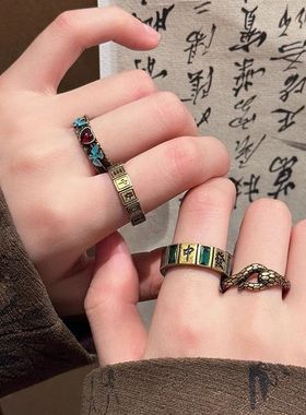 中古vintage复古做旧灵蛇开口戒指女秋冬轻奢小众设计感食指戒指