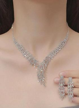 2025年新款欧美时尚爪链水钻项链耳环套装礼服晚宴项链锁骨链配饰