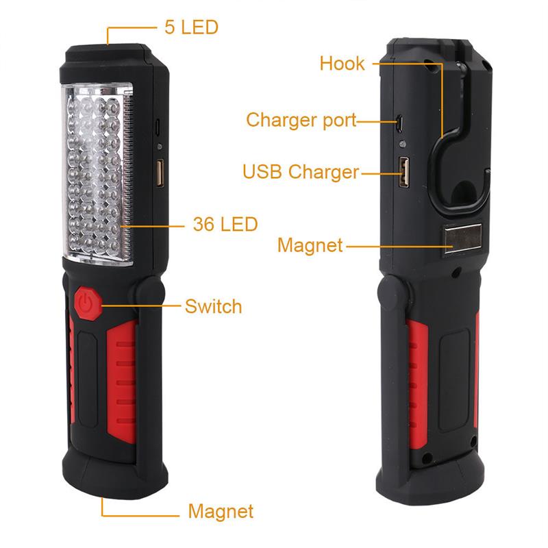 高品质36+5LED应急工作灯USB充电工作灯带磁支架汽车维修灯检修灯