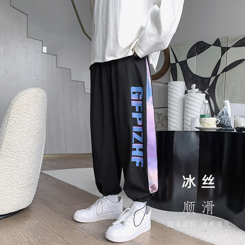 夏季薄款卫裤男港风宽松顺滑冰丝休闲裤ins九分束脚裤图片