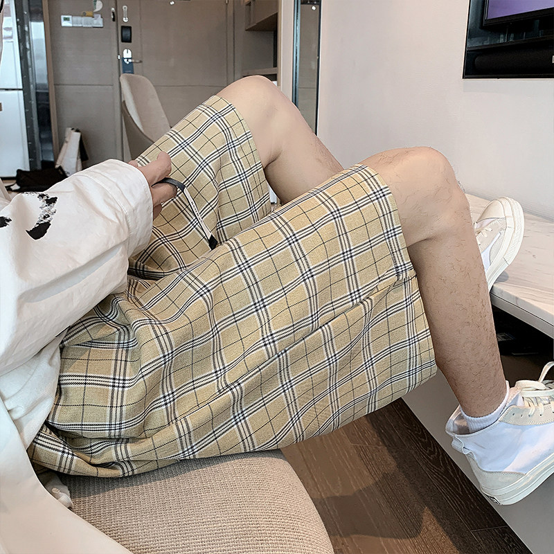 送腰带格子短裤子男潮牌ins夏季五分裤子韩版潮流宽松D图片