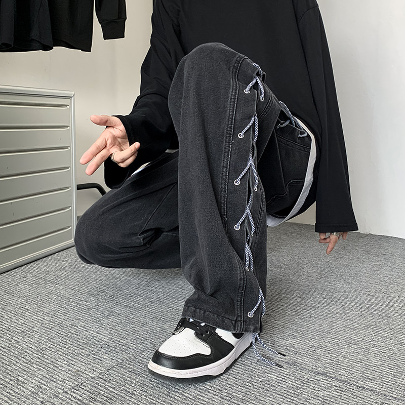 美式炸街牛仔裤秋新款阔腿烟管长裤设计感绑带嘻哈潮N088-P55,男装牛仔裤,星座308B-2