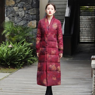 保暖女外套 复古加厚过膝长款 牡丹亭 真丝香云纱羽绒服白鹅绒中式