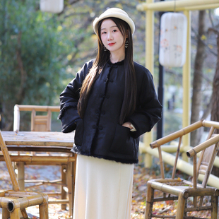 墨玉 羽绒服冬女 柑香素染真丝香云纱提花缎短棉衣水貂毛复古中式