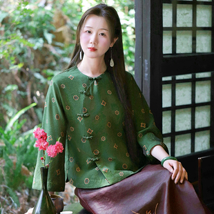 女七分袖 上衣复古圆领衬衫 春夏 翠意真丝香云纱花罗中式 柑香素染