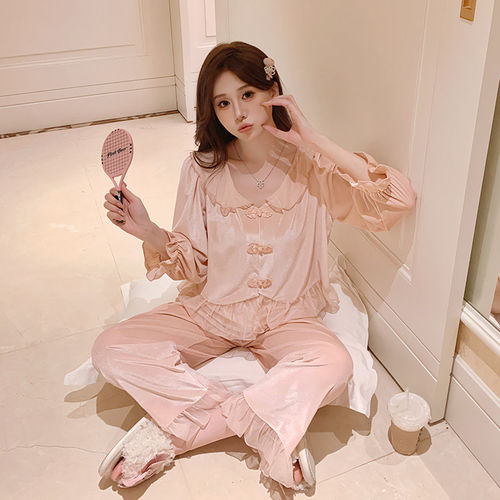 金丝绒中国风娃娃领花边睡衣女款