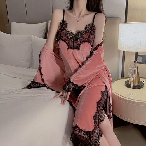金丝绒性感纯欲风蕾丝吊带睡衣女