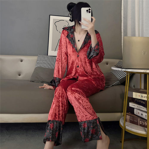 金丝绒复古拼色印花可外穿睡衣女