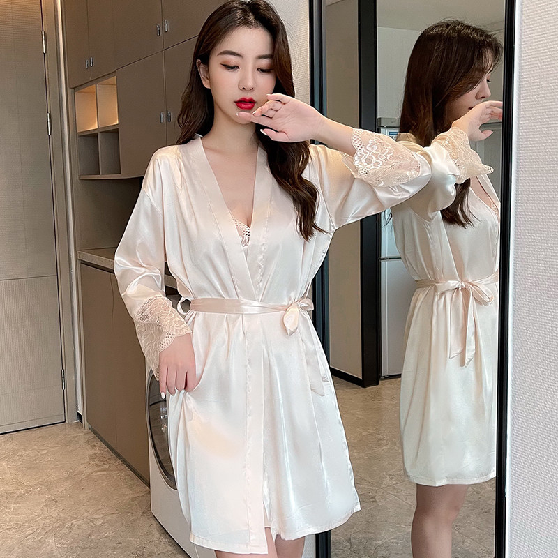 真丝性感蕾丝边吊带睡衣女春秋薄款2026新款纯欲风睡袍晨袍两件套
