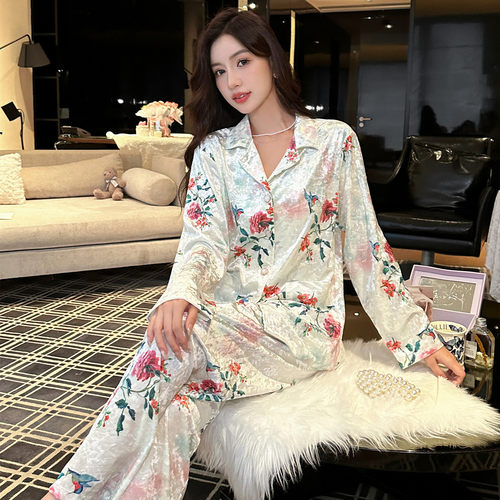 金丝绒牡丹花印花长袖长裤睡衣女