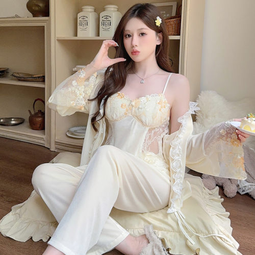 金丝绒性感蕾丝带胸垫吊带睡衣女