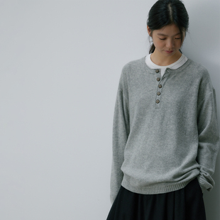 kani 内搭毛衣女秋冬上衣淡人高知穿搭 灰色亨利领羊毛针织打底衫