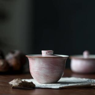 景德镇柴烧紫口盖碗单个泡茶碗手工创意苏打粉红色功夫茶具陶瓷家