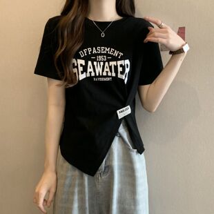 纯棉半袖 胖mm大码 时尚 t恤女上衣夏季 体恤200斤 不规则开叉遮肚短袖