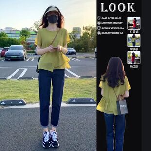 韩剧穿搭女装夏季搭配一2023新款绿色薄款上衣牛仔裤潮【单件】