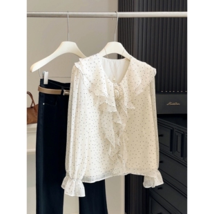 法式气质荷叶边波点雪纺衬衫女春季2026年新款设计感小众长袖上衣