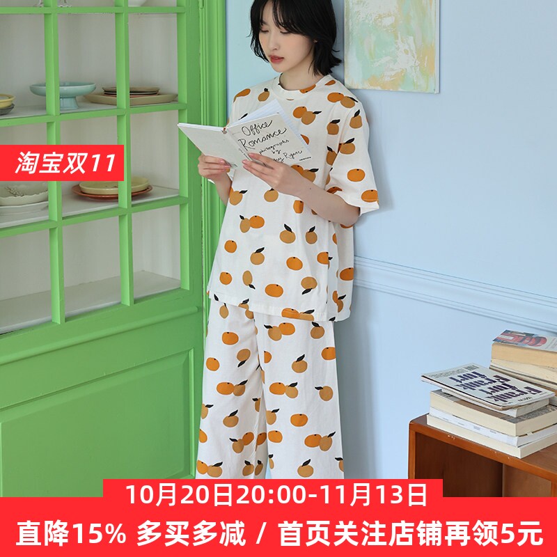 春夏秋纯棉针织棉长裤睡衣套装全棉天竺棉短袖睡裙女家居服可外穿
