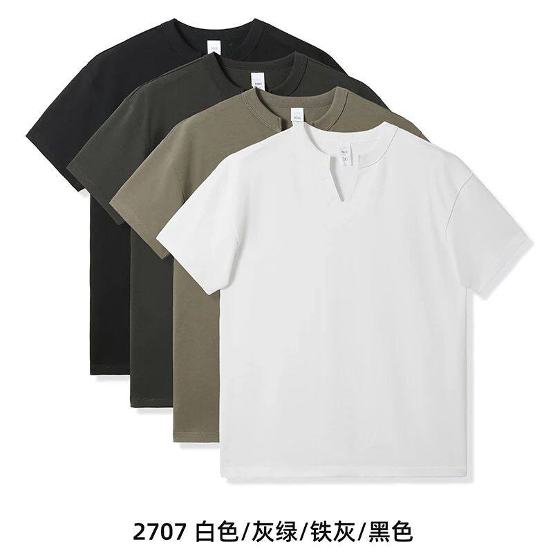 加厚纯棉V型短袖TEE复古型男时尚潮流300G重磅全棉T恤纯色休闲TEE - 实物图
