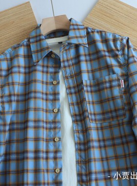 洋气紫蓝色格子长袖衬衫中国制造时尚潮流宽松休闲格纹衬衣小外套