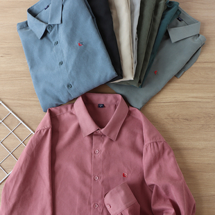 好货闭眼入定制桃皮绒面料休闲衬衫外贸日单胸字母刺绣长袖衬衣男