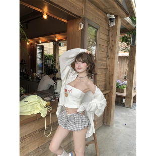 甜辣妹印花抹胸背心女带胸垫夏修身 上衣 内搭白色显瘦无袖 外穿短款