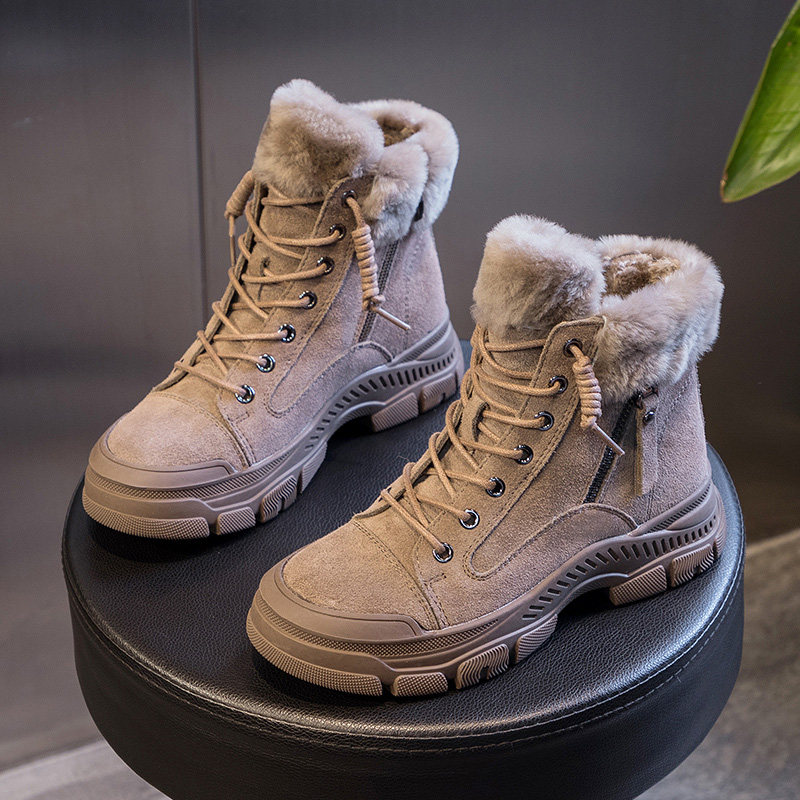 여성용 밀란 스튜디오  가죽 스노우 부츠 2024 가을 겨울 여성용 따뜻한 플러스 벨벳 마틴 부츠
