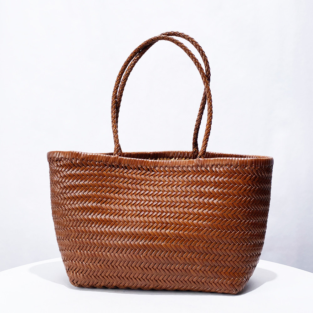 欧美复古纯手工编织头层牛皮托特包2025新款高级感真皮单肩腋下包