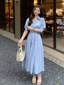 法式高级感高端精致气质御姐小香风蓝色衬衫Polo连衣裙女夏季长裙