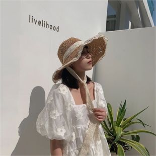 帽子女草帽潮韓版 透氣蕾絲花邊鏤空海邊沙灘防曬帽 百搭遮陽帽夏季