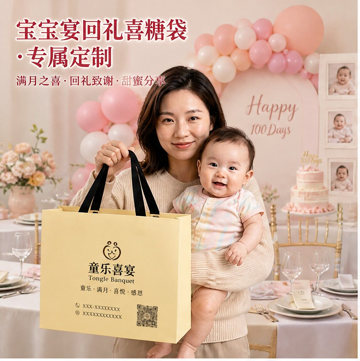 宝宝宴策划工作室手提袋定制logo伴手礼包装袋婚庆纸袋手拎袋X325