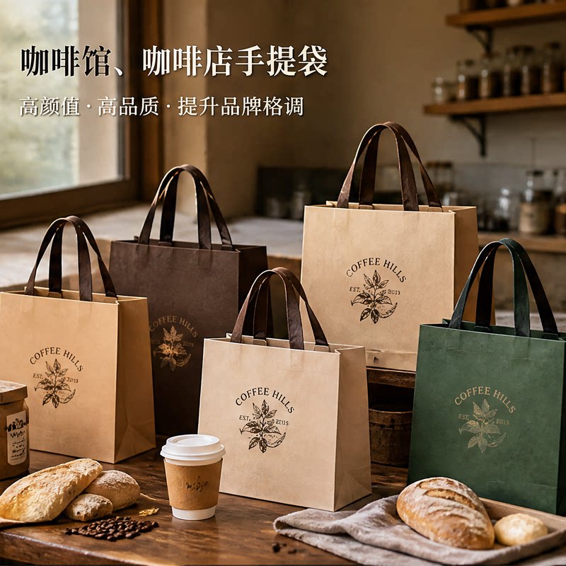 时尚咖啡店手提袋定制奶茶外卖购物袋子牛皮纸加厚饮料打包袋X194