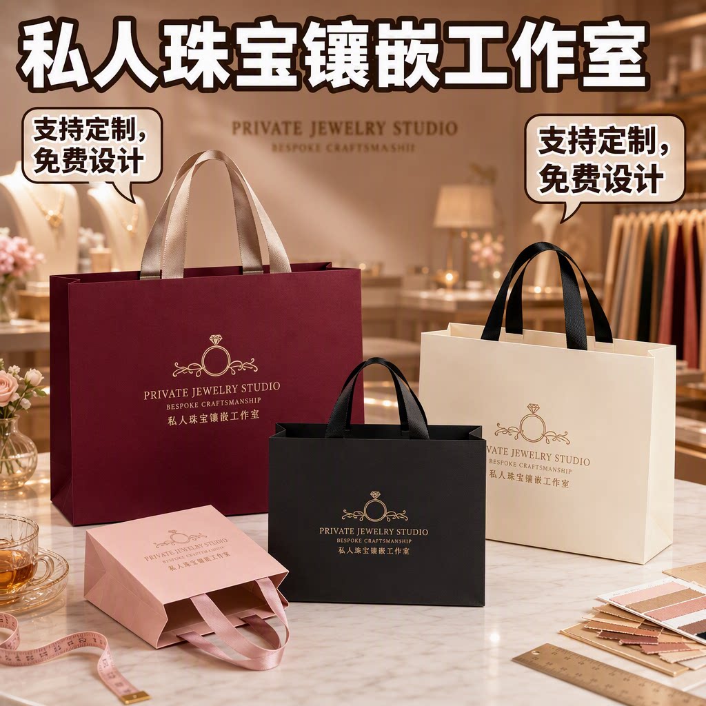 私人珠宝镶嵌工作室手提袋纸袋定制翡翠宝石首饰礼品袋包装袋X278