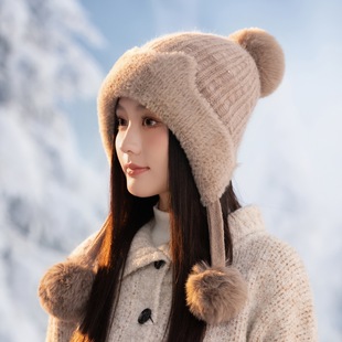 新款毛球帽女冬季针织百搭加绒加厚骑车女士冬骑行护耳保暖毛线帽