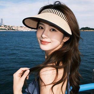 空顶防晒帽子女夏季海边遮阳防紫外线大帽檐编织条纹可折叠太阳帽