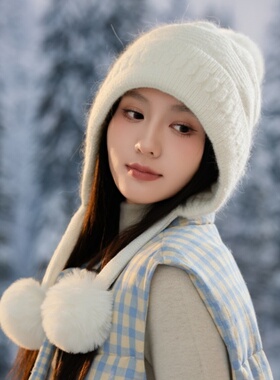 女帽冬加绒加厚护耳兔毛绒线帽