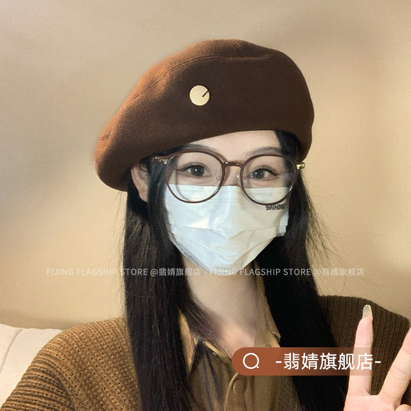 贝雷帽女显脸小秋冬款2026新款大头围韩系棕色画家帽冬秋八角帽子
