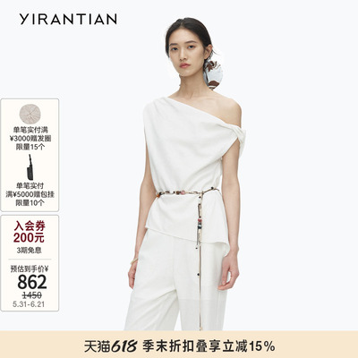 YIRANTIAN度假随性斜领无袖上衣