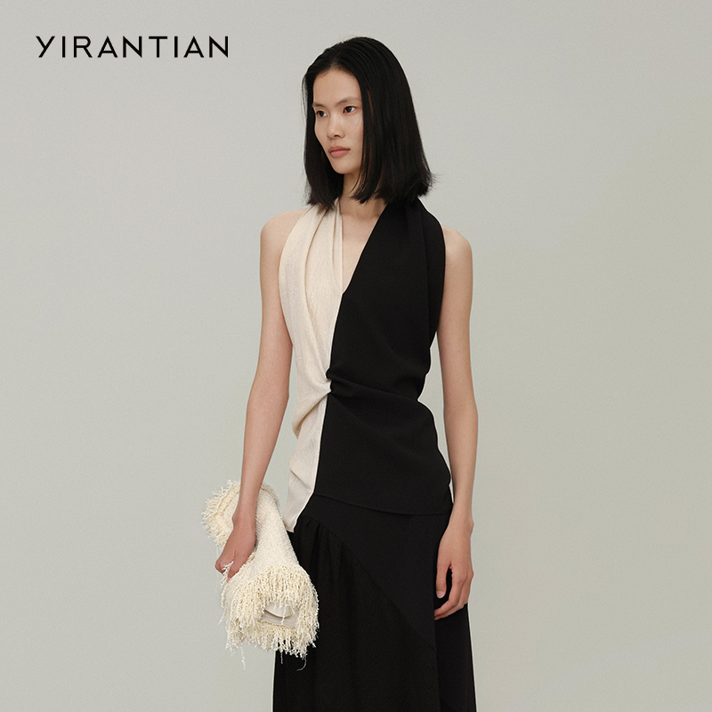 【YIRANTIAN】设计师小众休闲时尚挂脖式收腰抽皱拼接无袖上