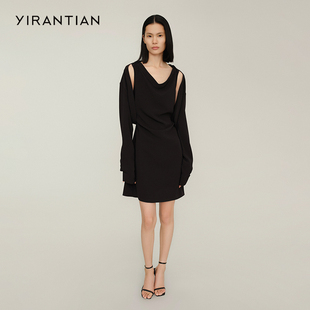 收腰连衣裙A字裙女 YIRANTIAN 设计师小众休闲时尚 假两件披肩式
