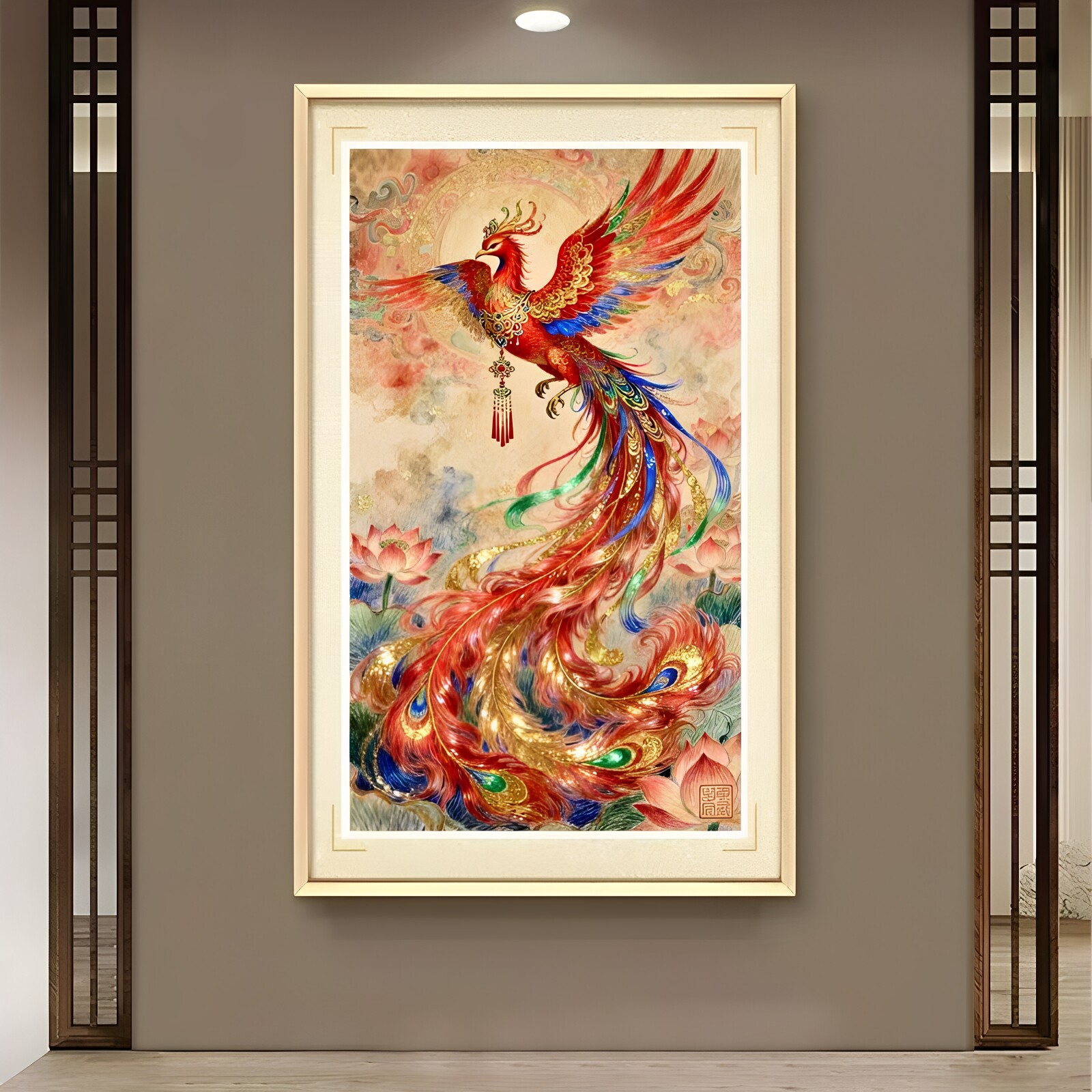 串珠绣凤凰涅槃竖版玄关新款彩珠