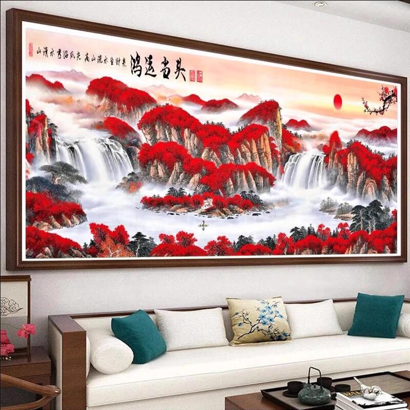 鸿运当头客厅串珠绣风景山水画