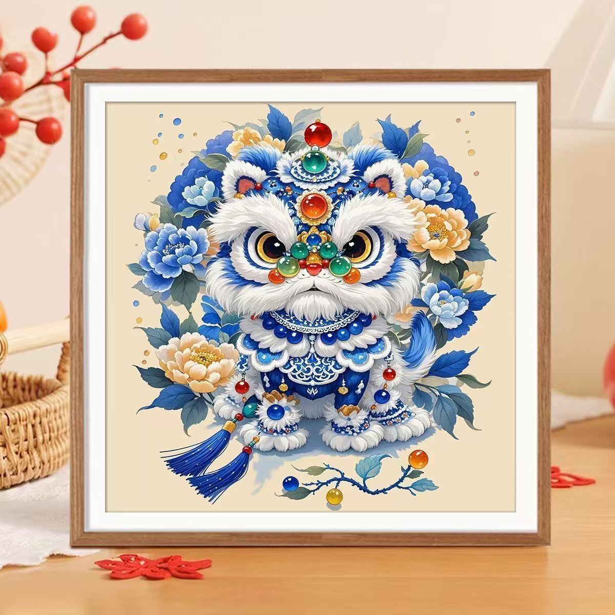 串珠绣古绢布醒狮非满绣彩珠绣