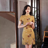 前开叉旗袍连衣裙复古改良少女年轻款 单层仿苎麻短款 新款 2026夏季