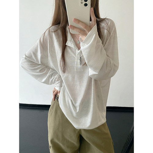 浅条纹凉感清透亨利领长袖T恤女