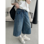 夏季 新款 美式 sun柚 直筒7分中裤 女七分裤 阔腿八分裤 复古蓝牛仔裤